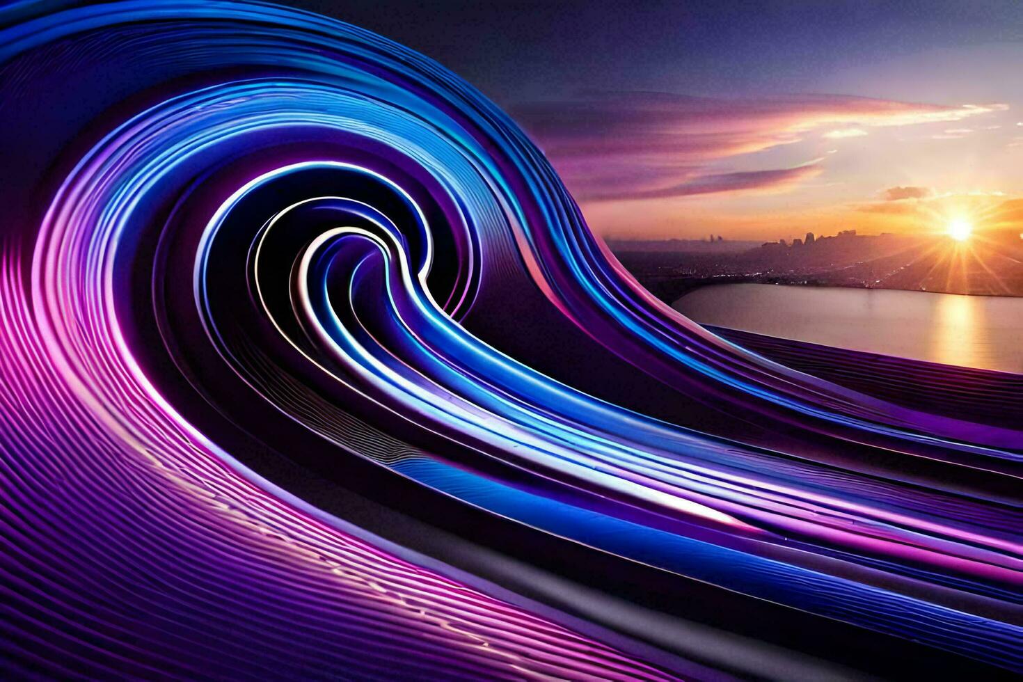 a colorful wave with a sunset in the background. AI-Generated photo