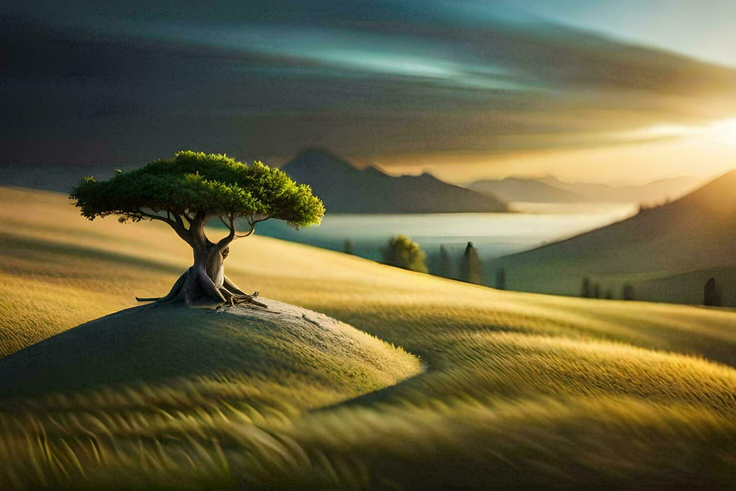 a lone tree stands on a hill in the middle of a field. AI-Generated photo