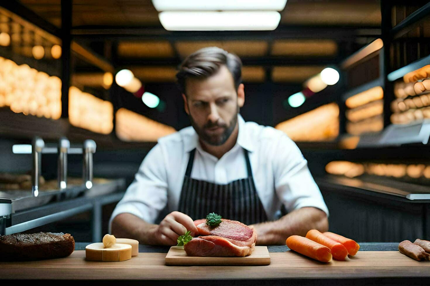 a man is cutting meat on a cutting board. AI-Generated photo