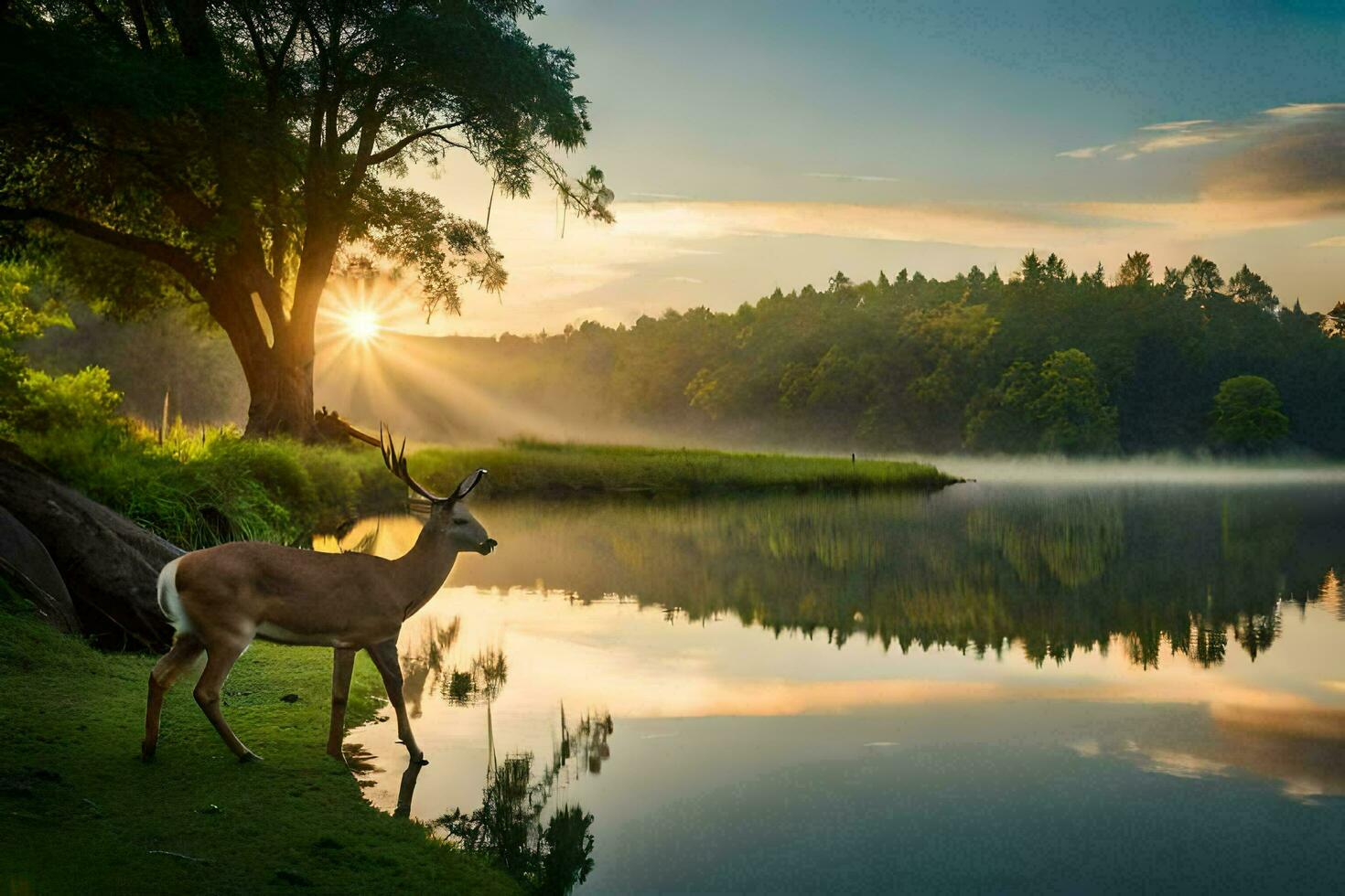a deer stands on the shore of a lake at sunrise. AI-Generated photo