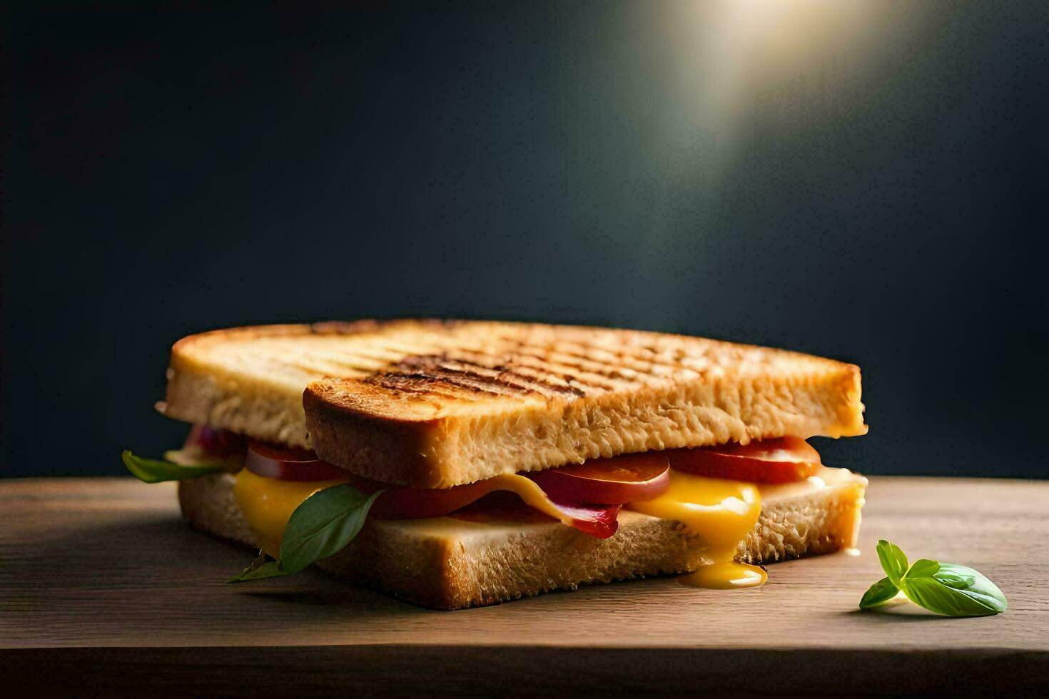 a grilled sandwich with cheese and tomatoes on a wooden board. AI-Generated photo