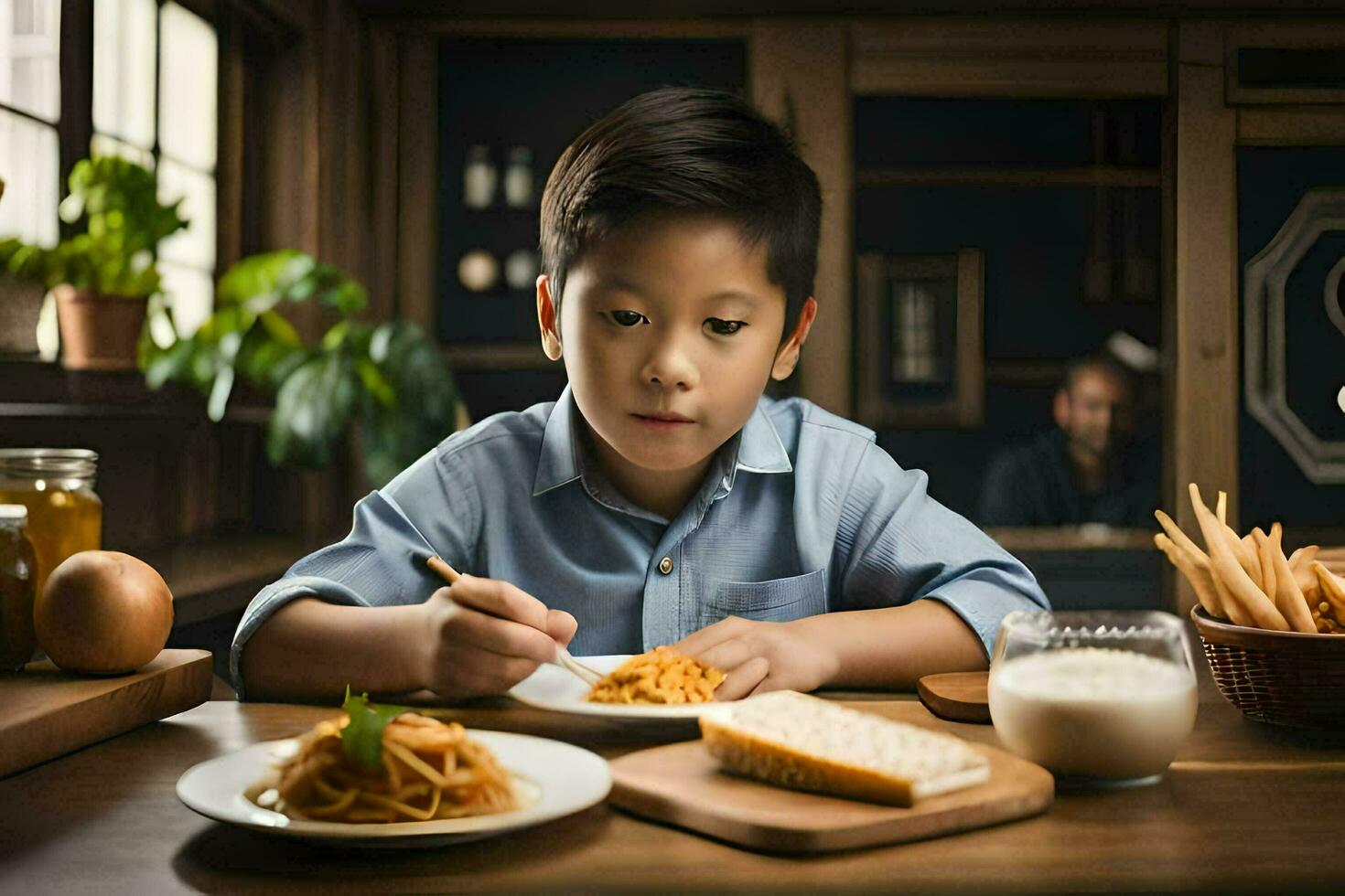 un joven chico es comiendo pasta y un pan. generado por ai foto