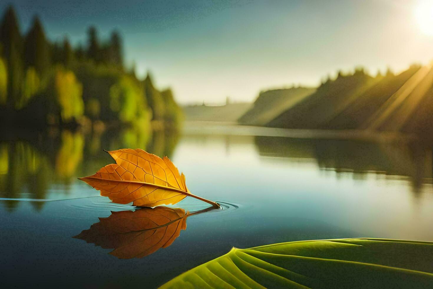 a leaf floats on the water in front of a forest. AI-Generated photo