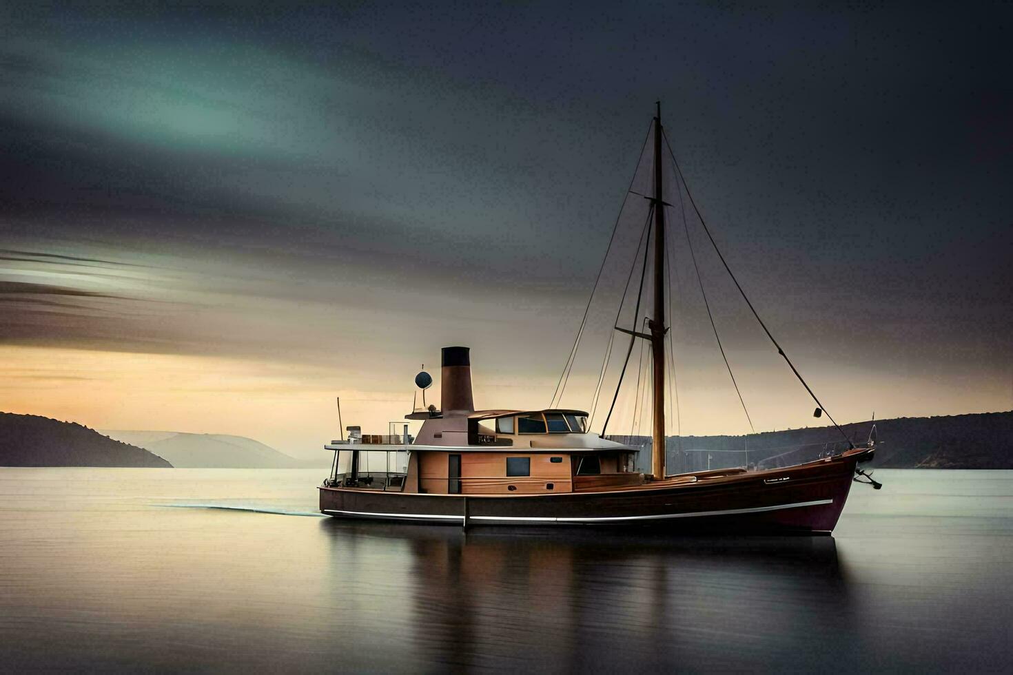 un barco es navegación en el agua a puesta de sol. generado por ai foto