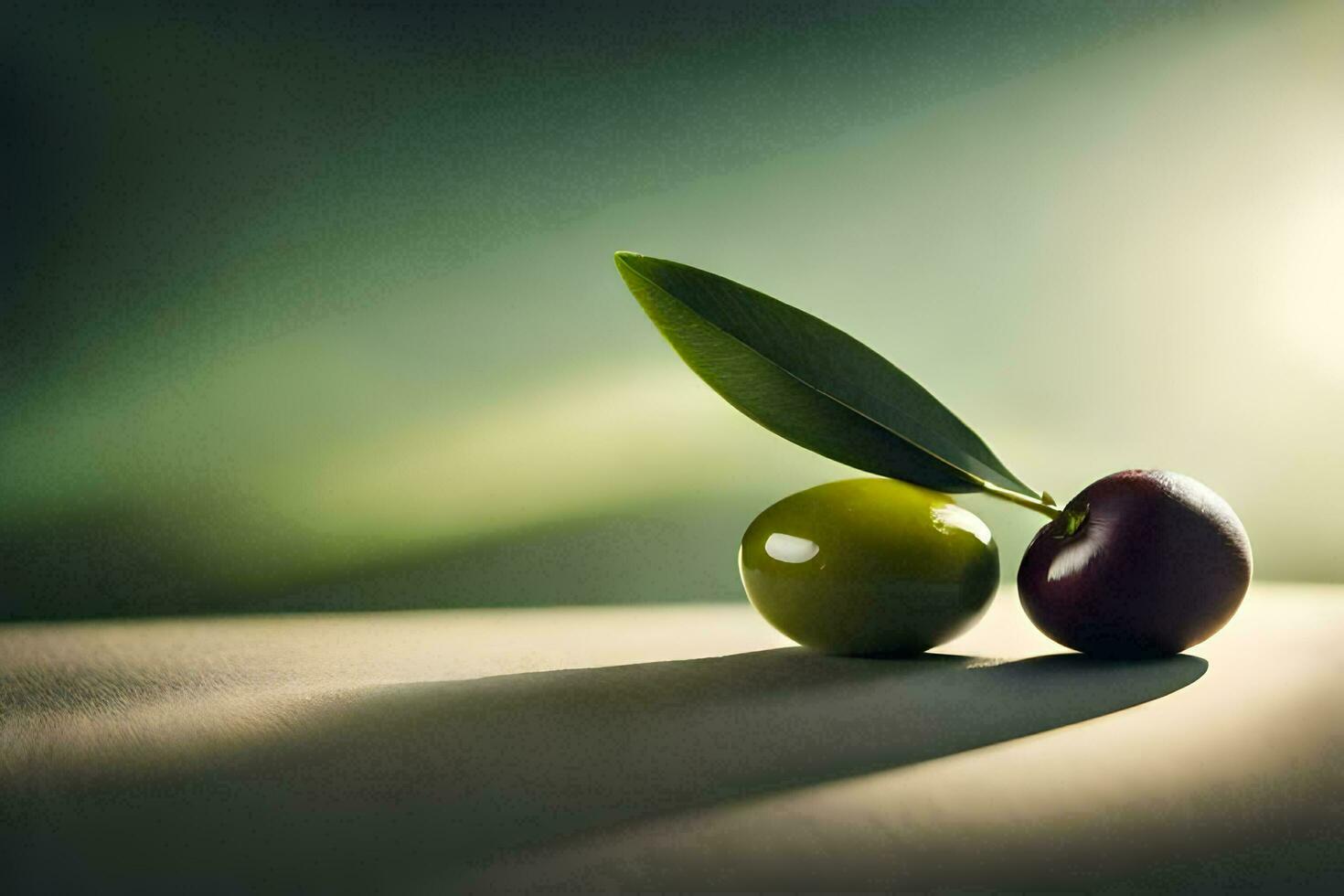 dos aceitunas sentar en un mesa con un verde hoja. generado por ai foto