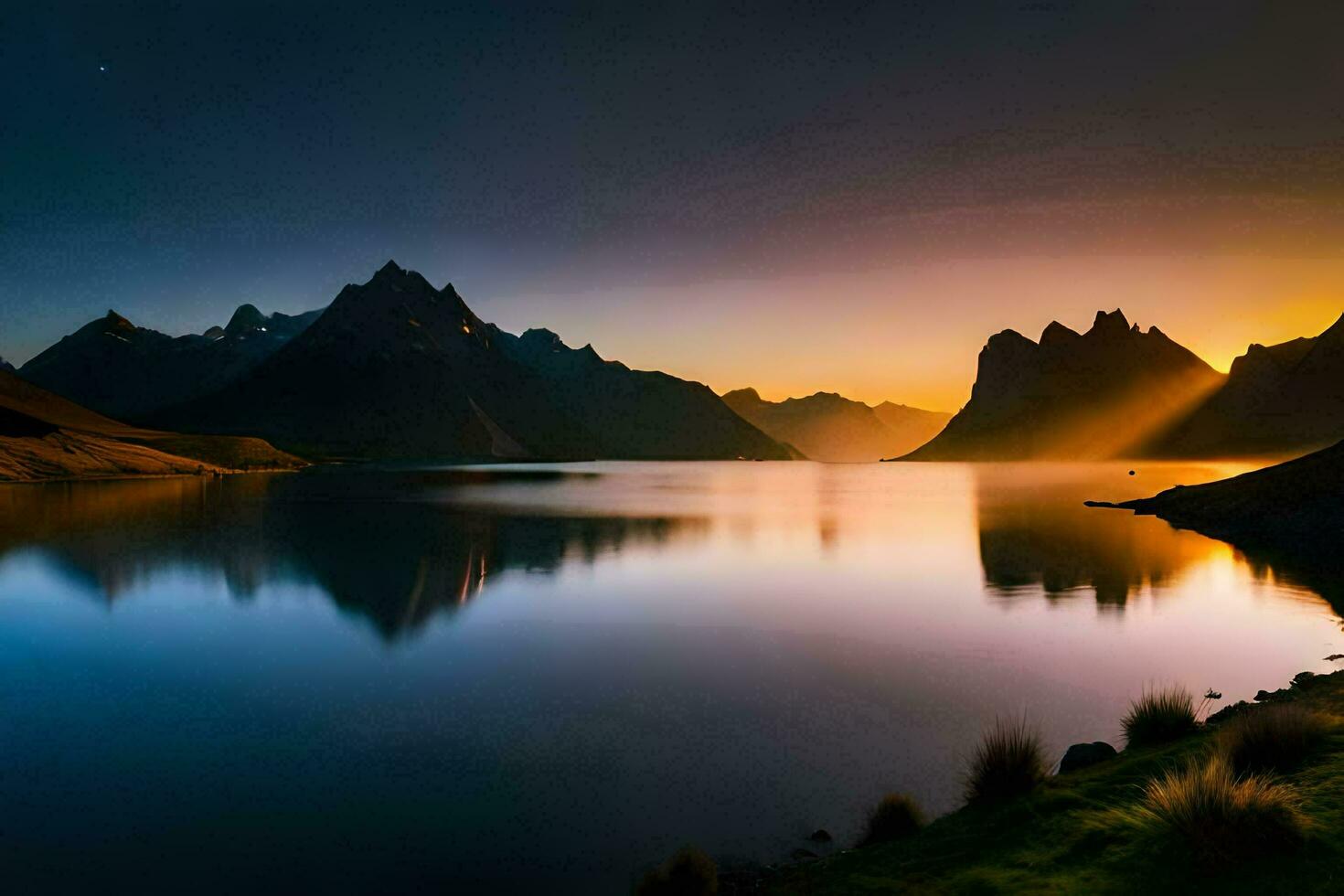 the sun rises over mountains and water in the mountains. AI-Generated photo