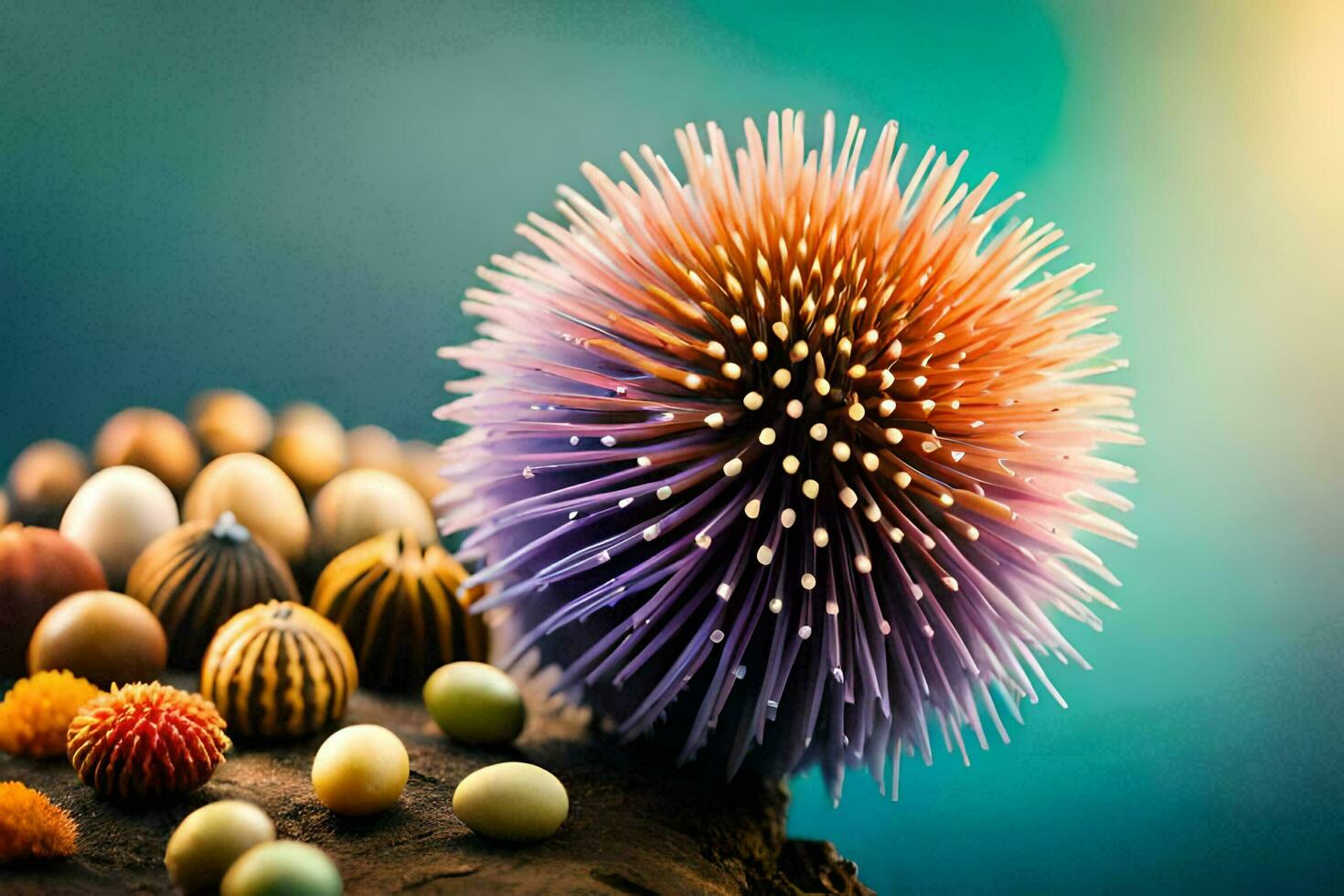 a colorful spiky plant surrounded by other colorful objects. AI-Generated photo