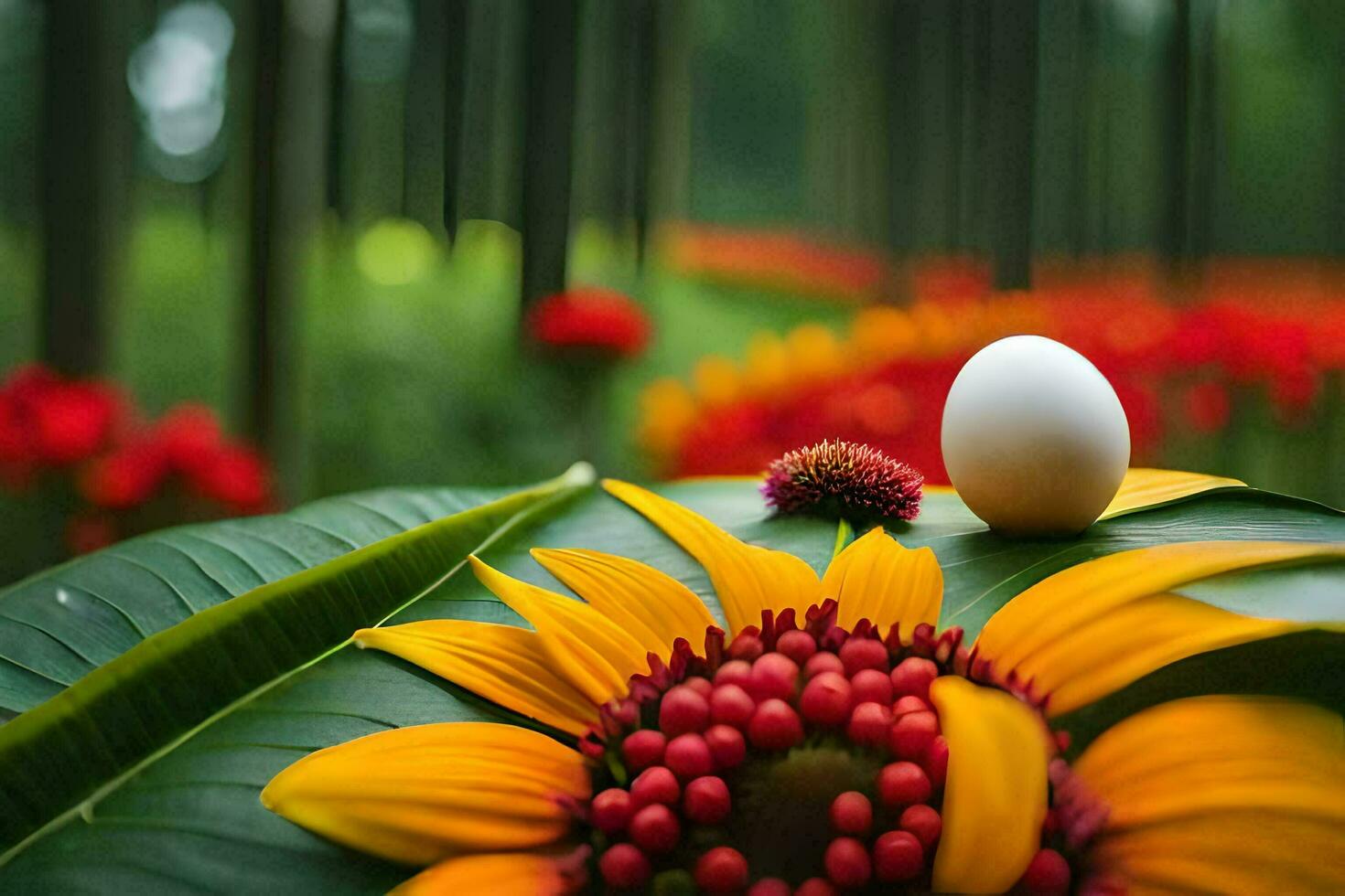 a white egg sits on a leaf in front of a flower. AI-Generated photo