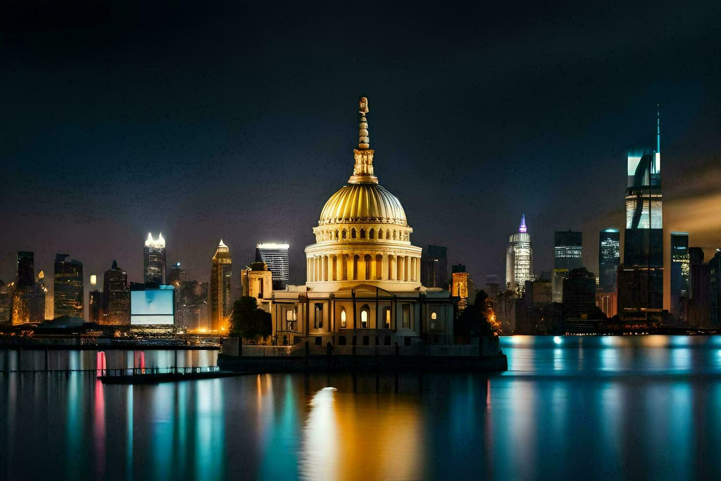 the city skyline at night with the capitol building in the foreground. AI-Generated photo