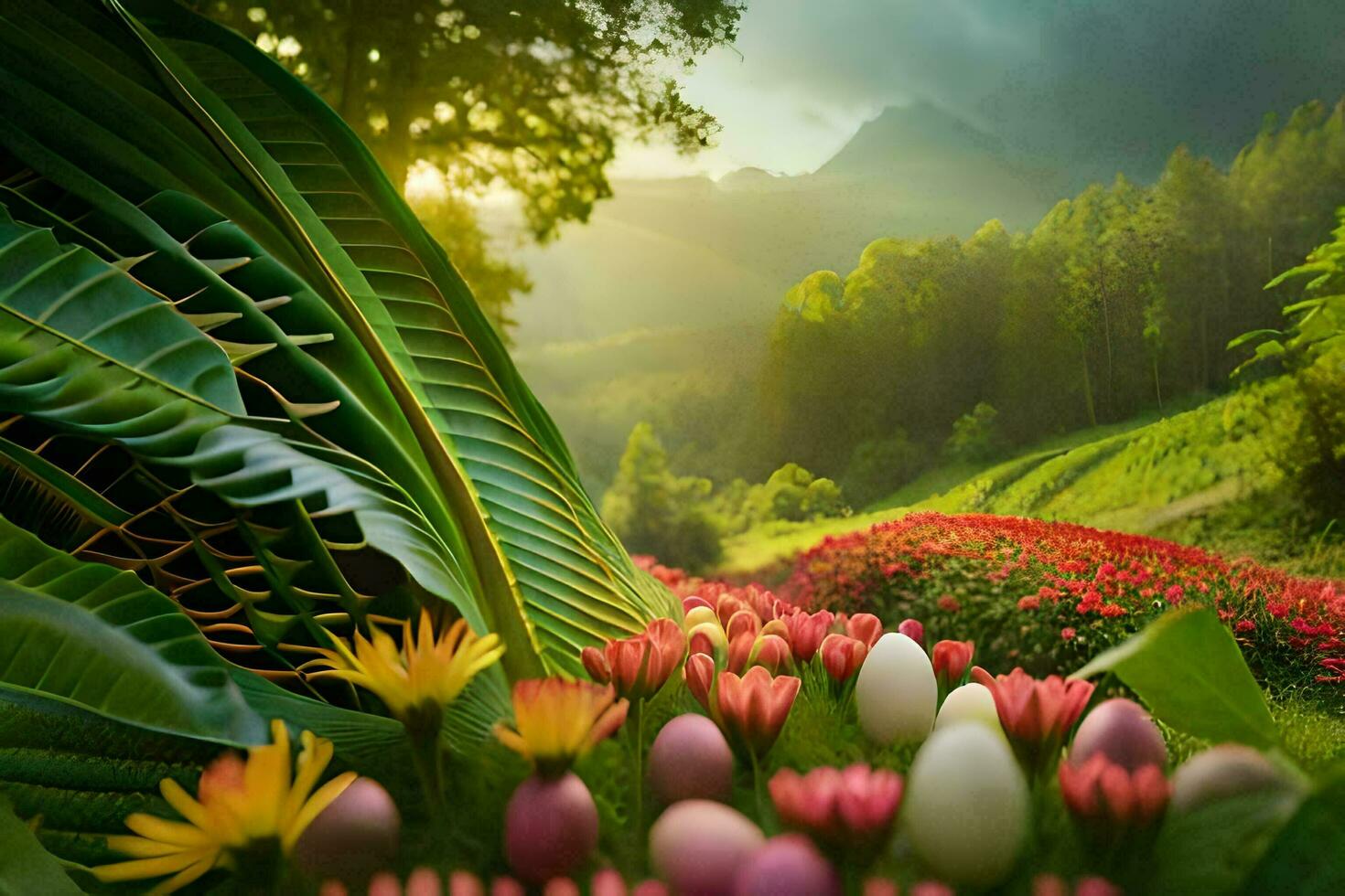 colorful flowers and eggs in a lush green field. AI-Generated photo