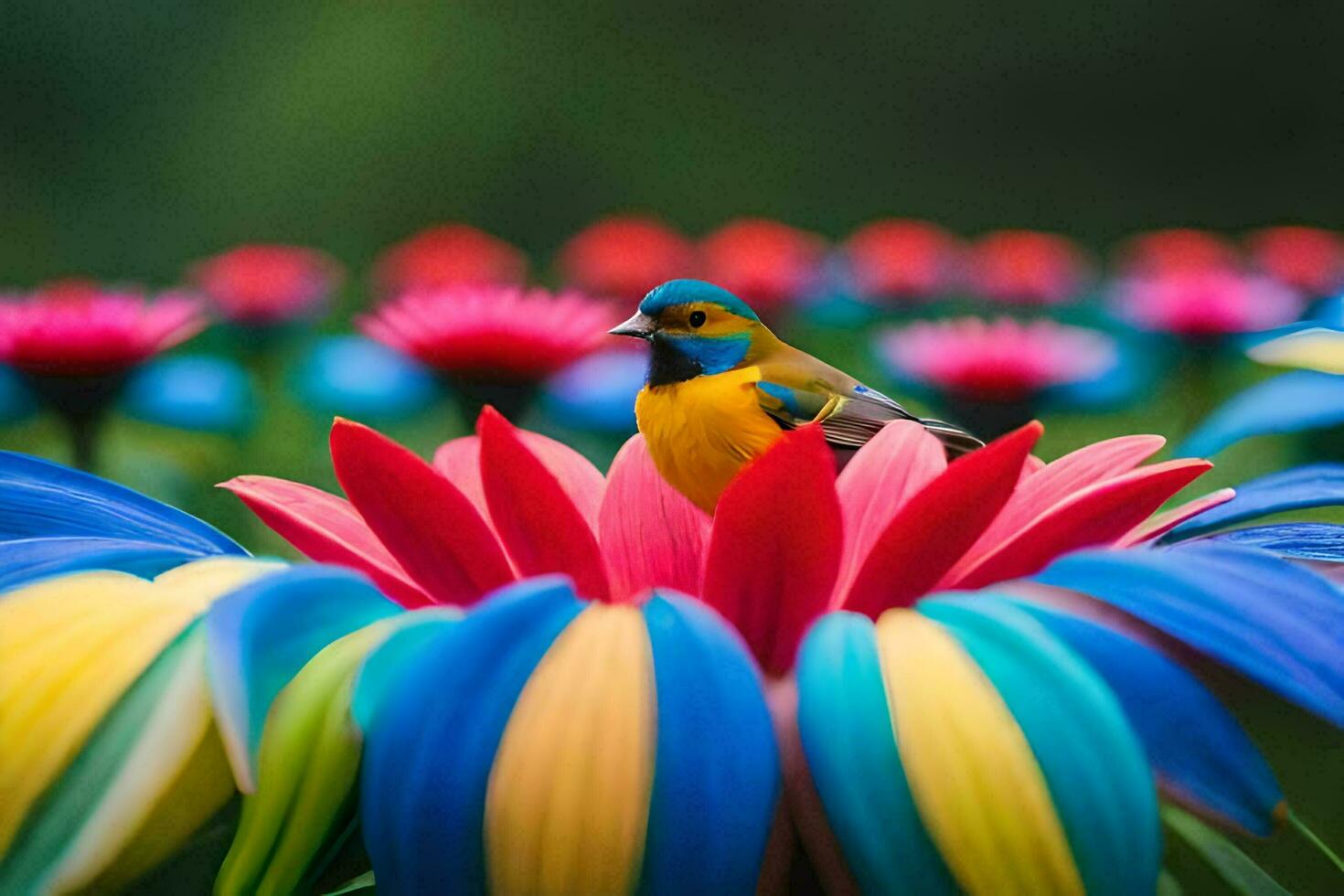 a colorful bird sits on top of a flower. AI-Generated photo