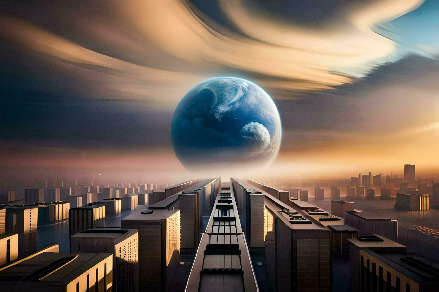 the earth is seen in the sky above a city. AI-Generated photo