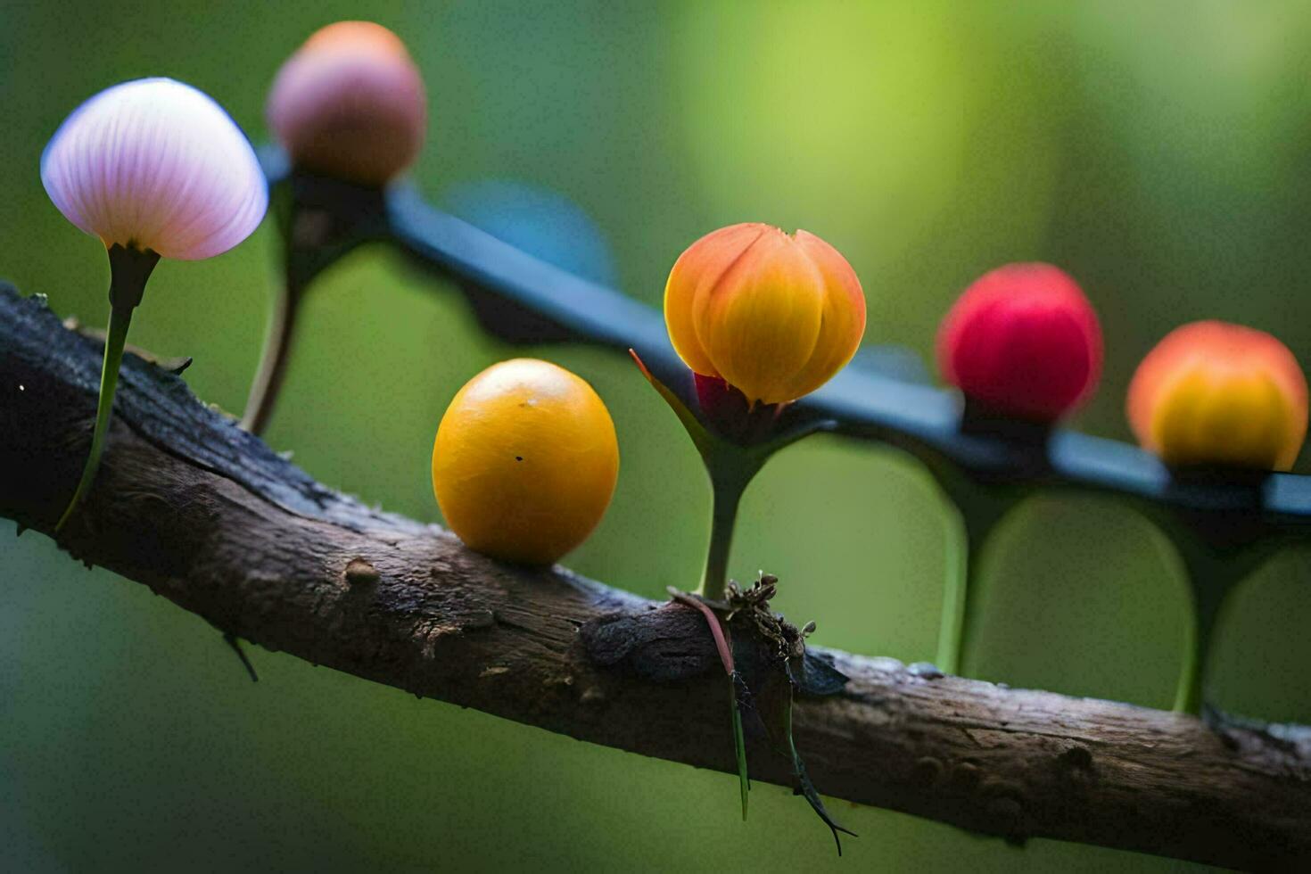 a group of colorful flowers are on a branch. AI-Generated photo