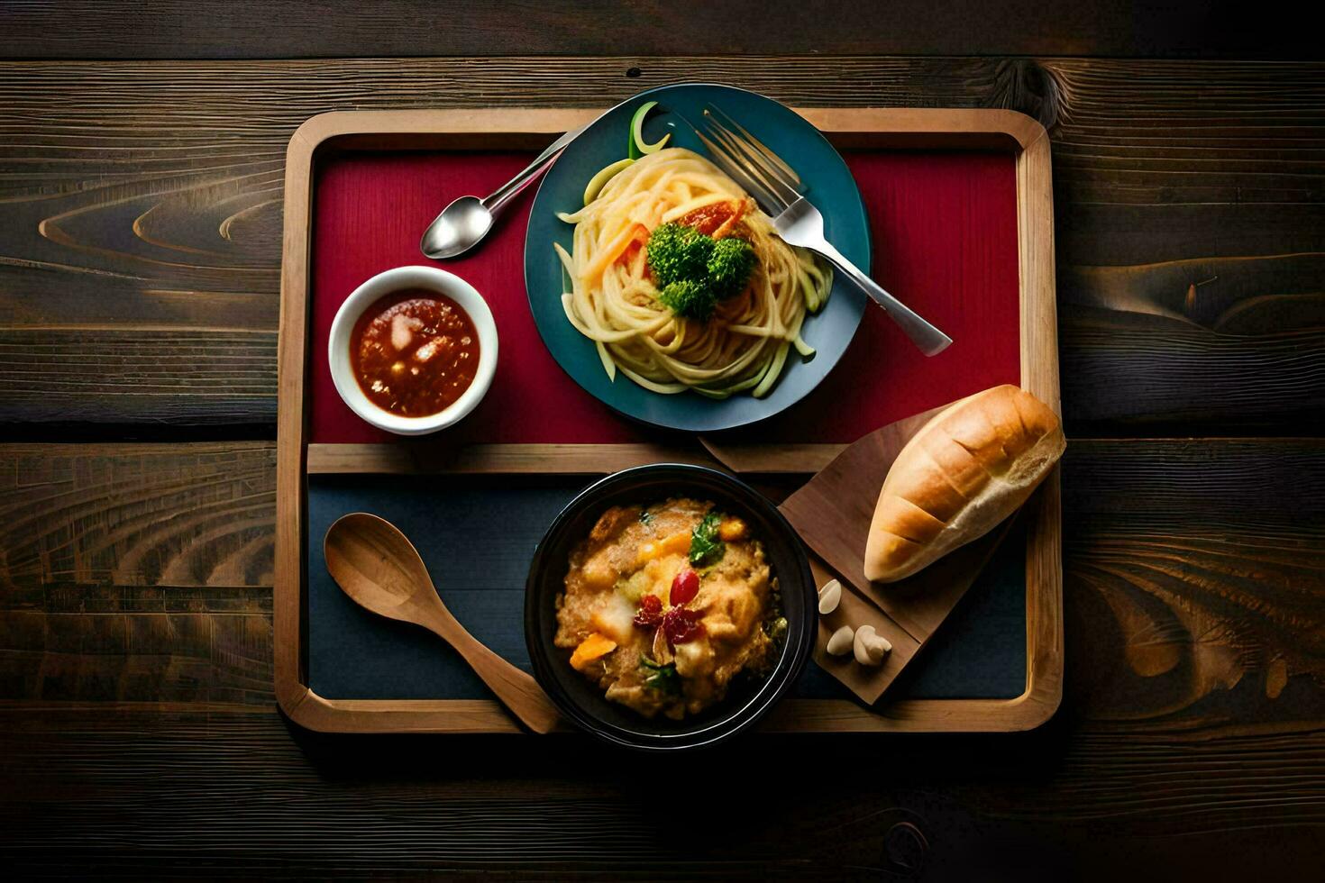 spaghetti and meatballs on a wooden tray. AI-Generated photo