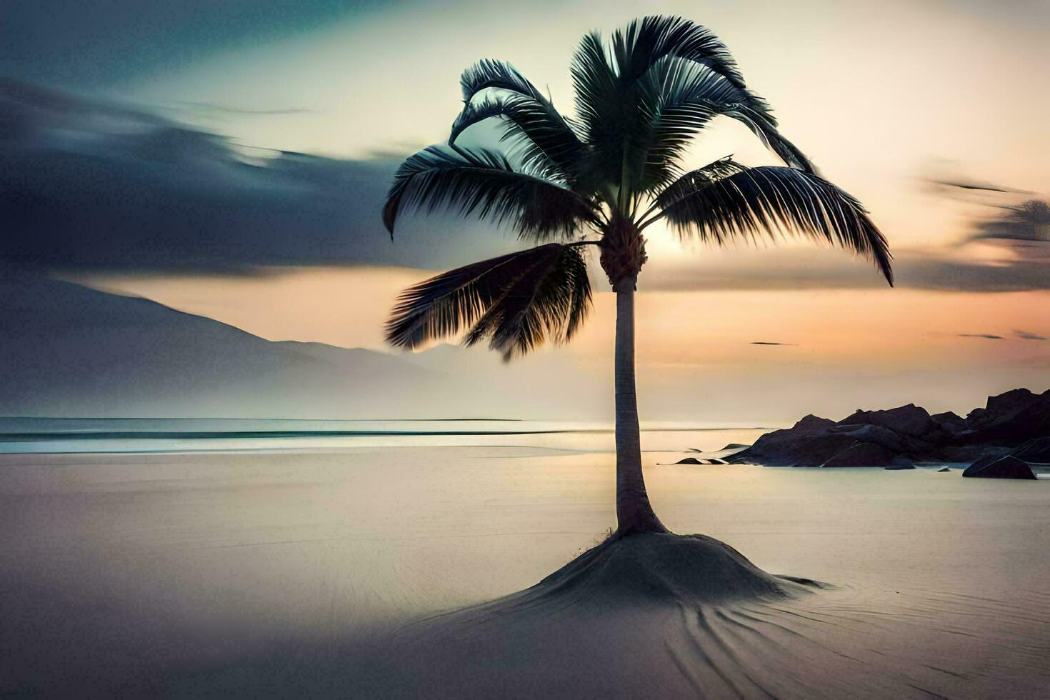 a palm tree stands alone on a beach at sunset. AI-Generated photo