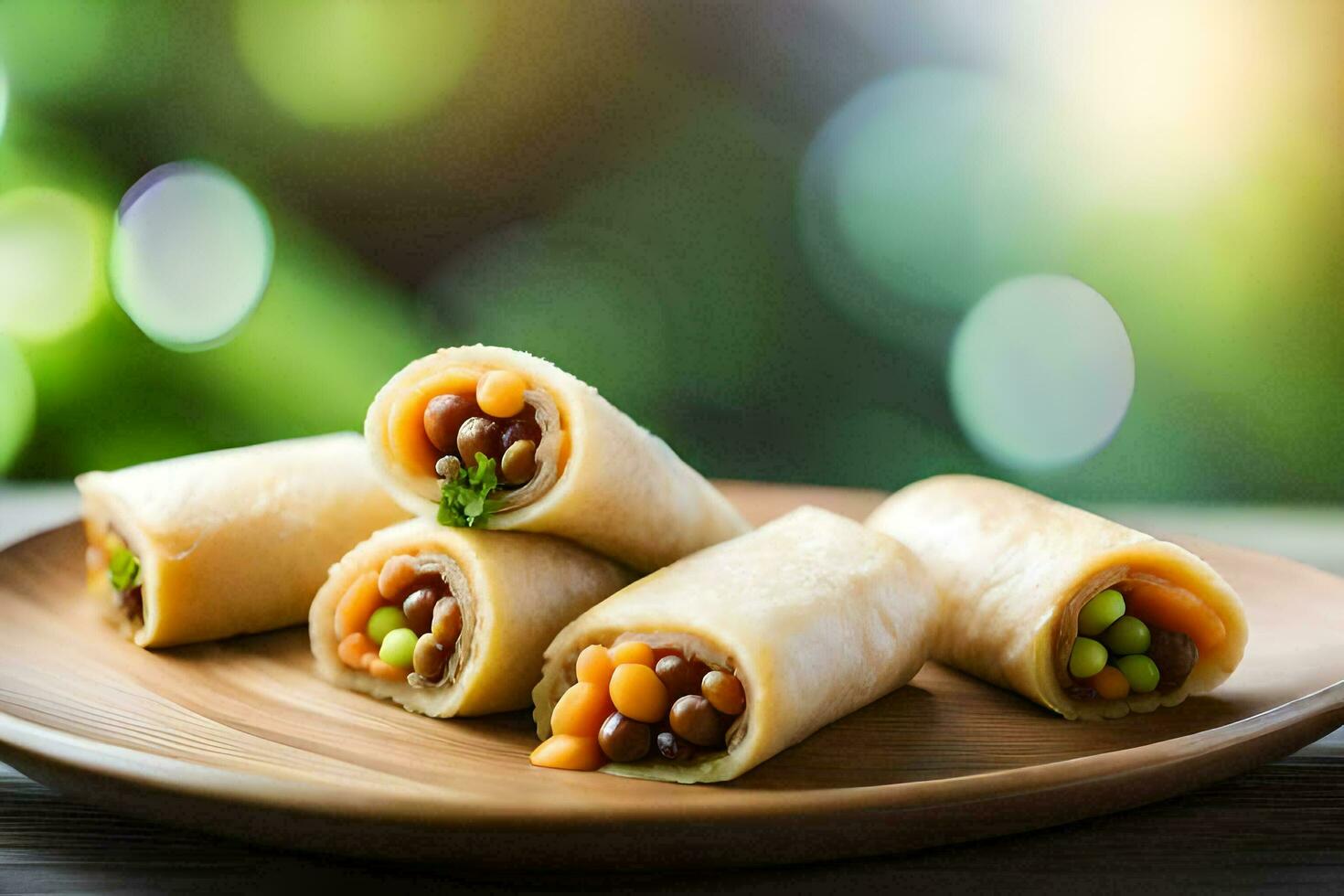 a plate with four rolls of food on it. AI-Generated photo