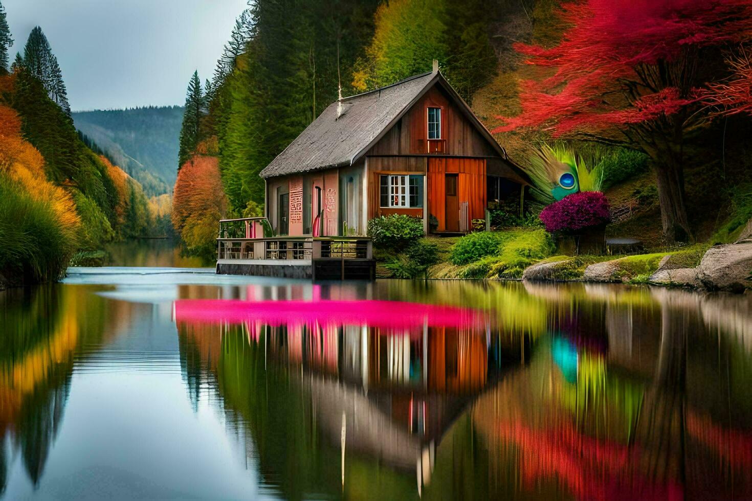 a small cabin is reflected in the water. AI-Generated photo