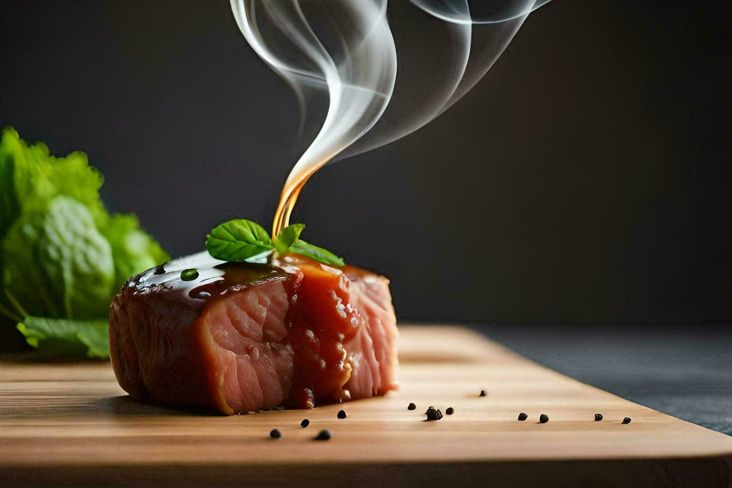 steak with sauce and herbs on a cutting board. AI-Generated photo