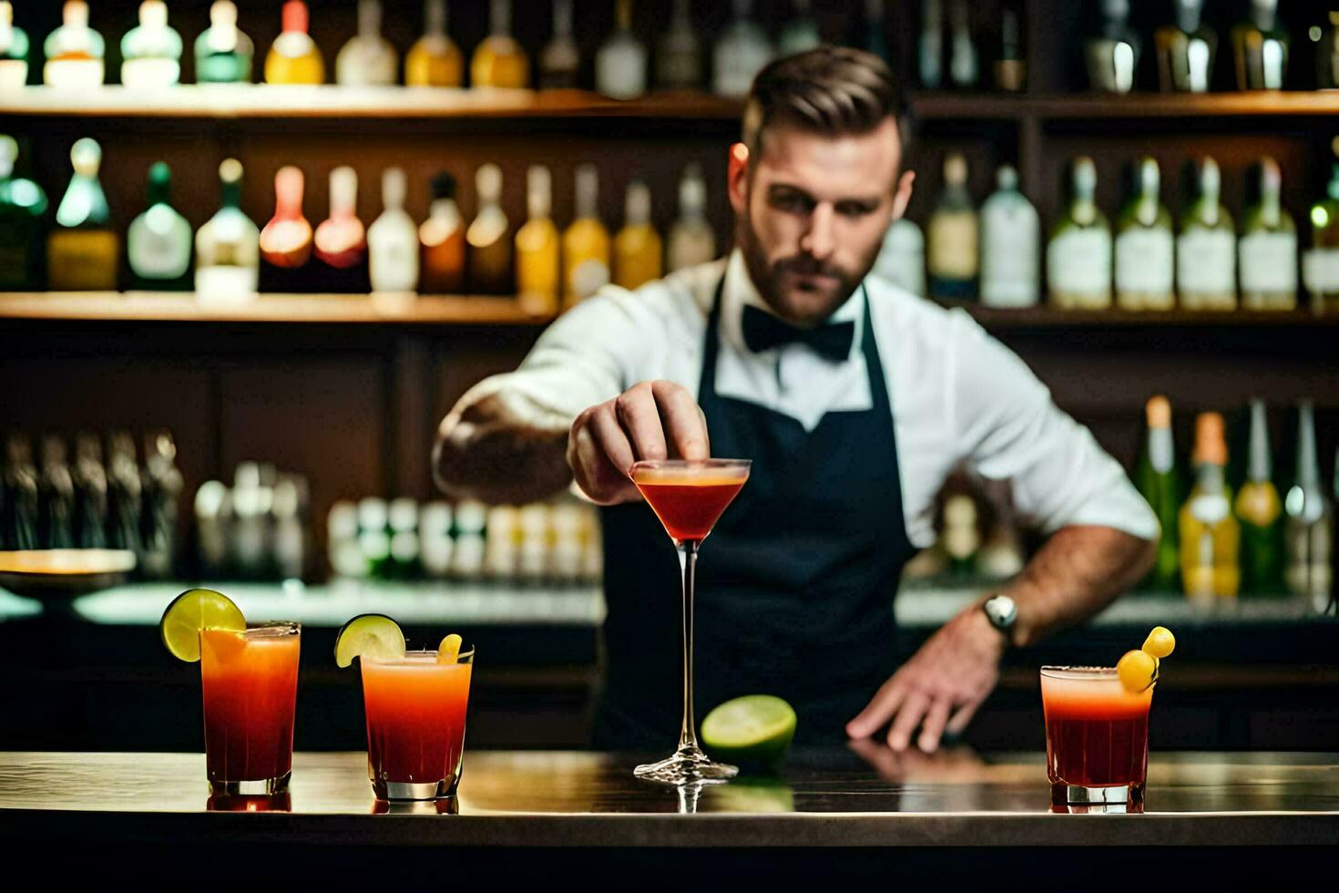a bartender is preparing cocktails at a bar. AI-Generated photo