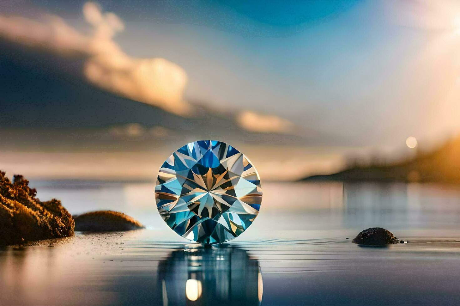 a diamond sits on the water in front of a mountain. AI-Generated photo