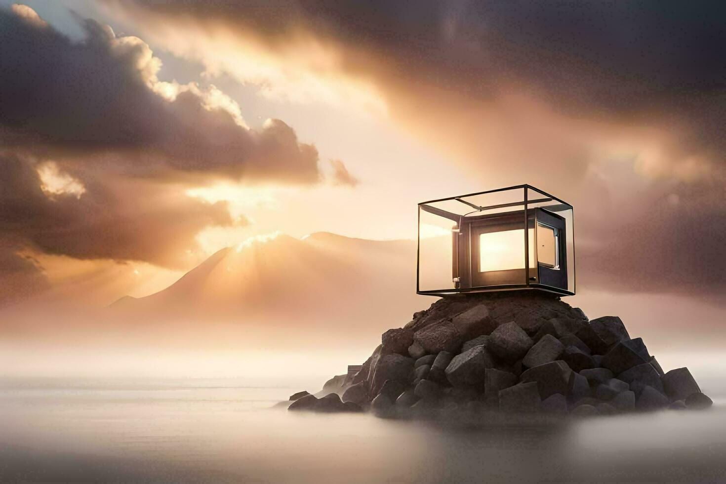 a small house on top of a rock in the ocean. AI-Generated photo