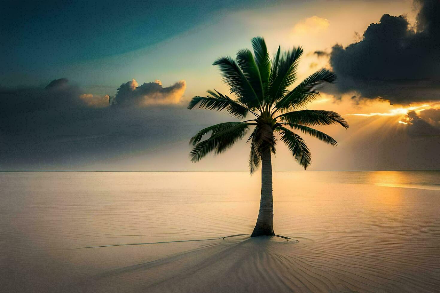 a palm tree stands alone on a sandy beach at sunset. AI-Generated photo