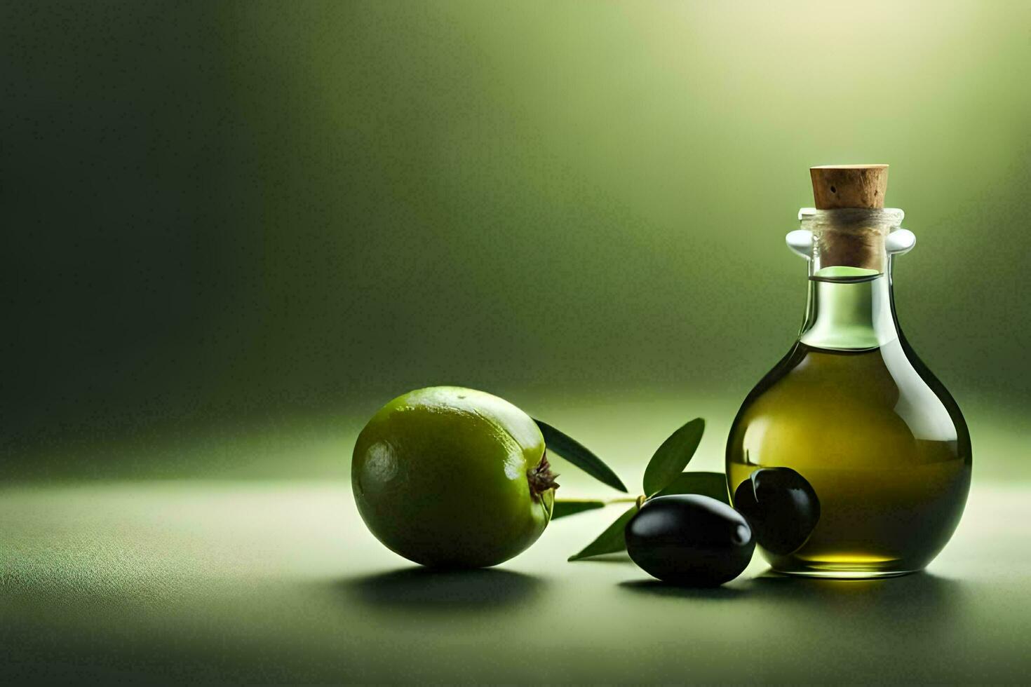 olive oil and green olives on a green background. AI-Generated photo