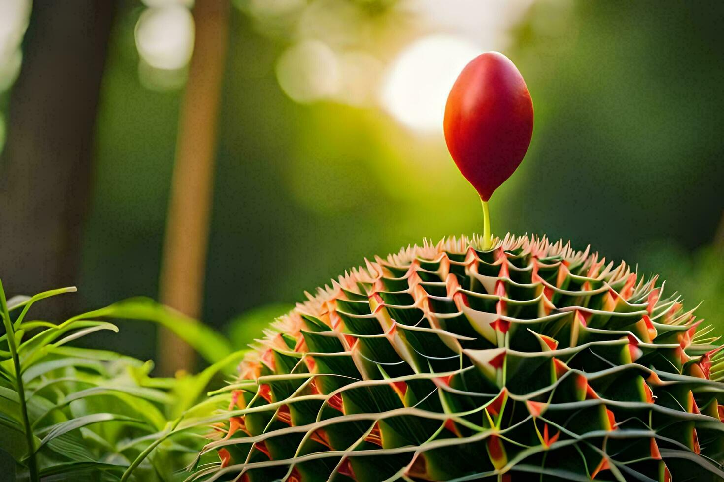 a red flower is growing on top of a cactus. AI-Generated photo