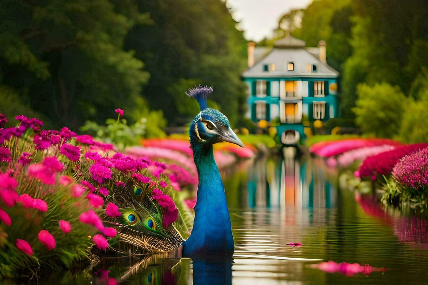 a peacock is standing in a pond surrounded by flowers. AI-Generated photo