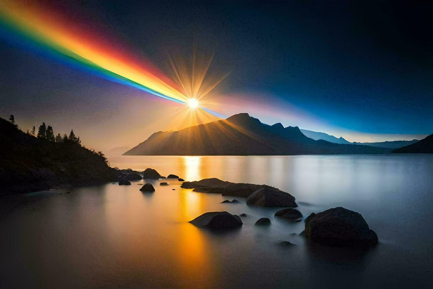 a rainbow is shining over a lake and mountains. AI-Generated photo