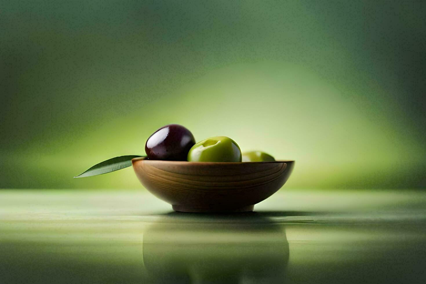 olives in a wooden bowl on a table. AI-Generated photo