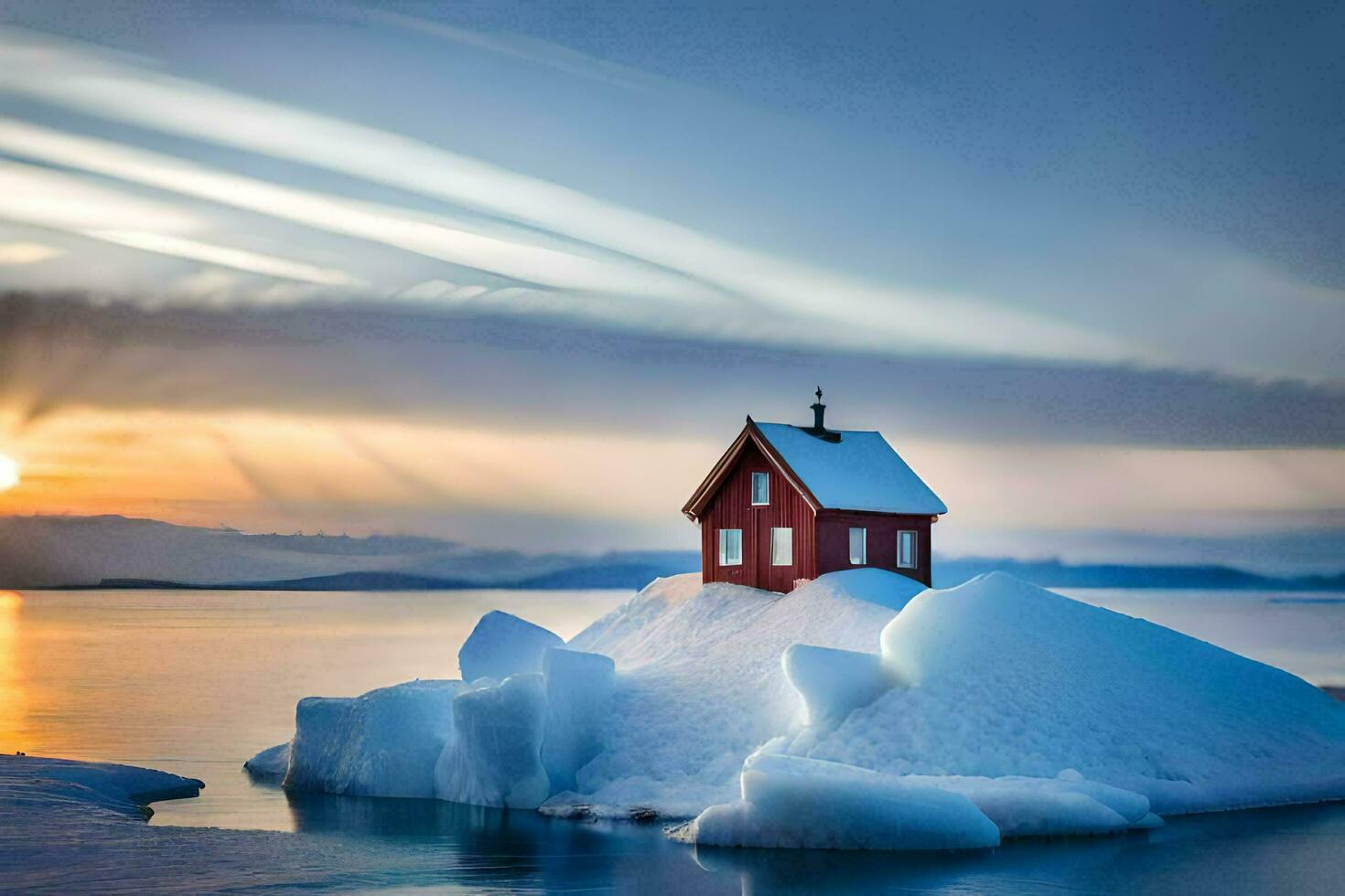 un rojo casa se sienta en un iceberg en el medio de el océano. generado por ai foto