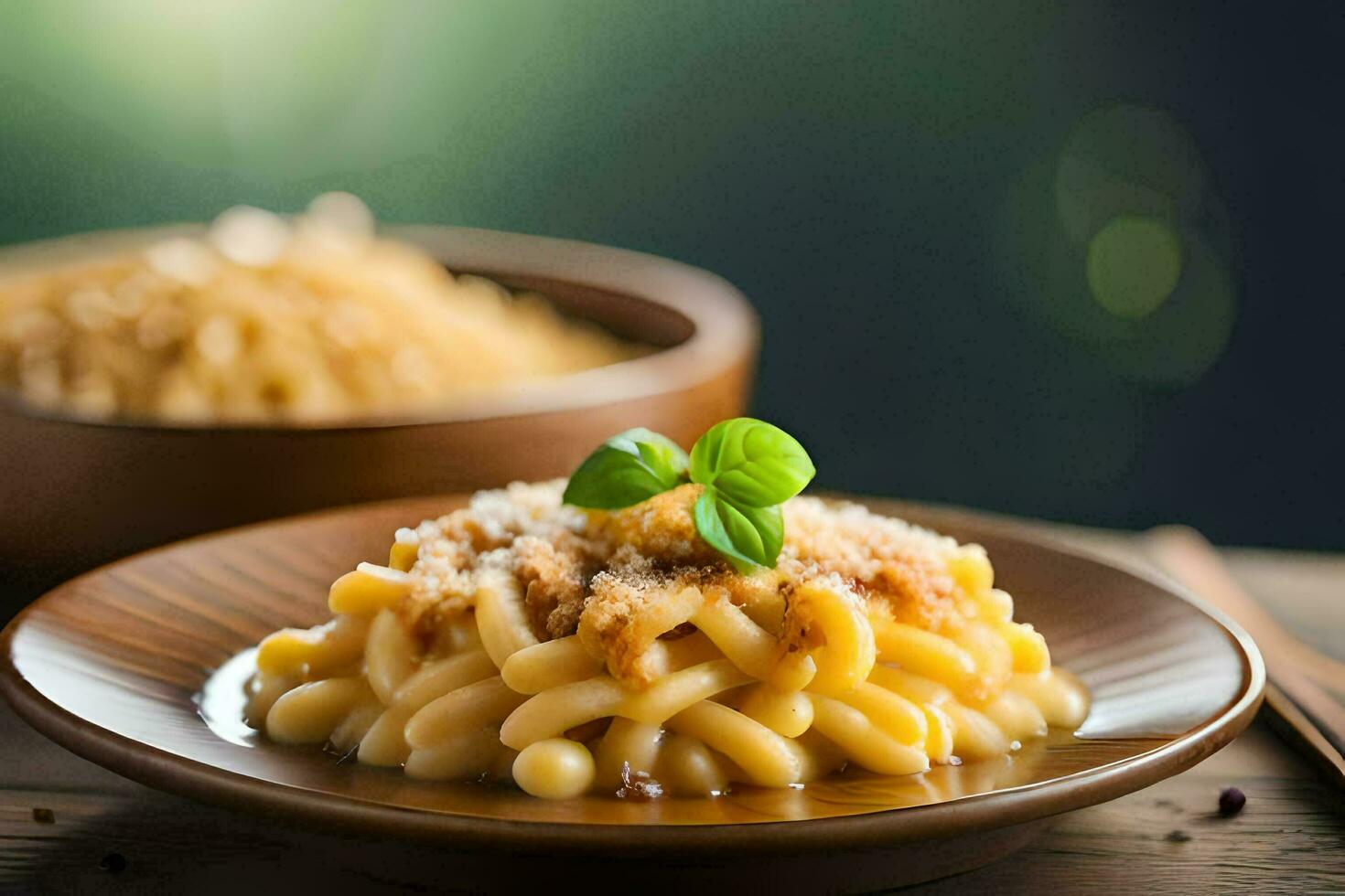 macaroni and cheese on a wooden table. AI-Generated photo