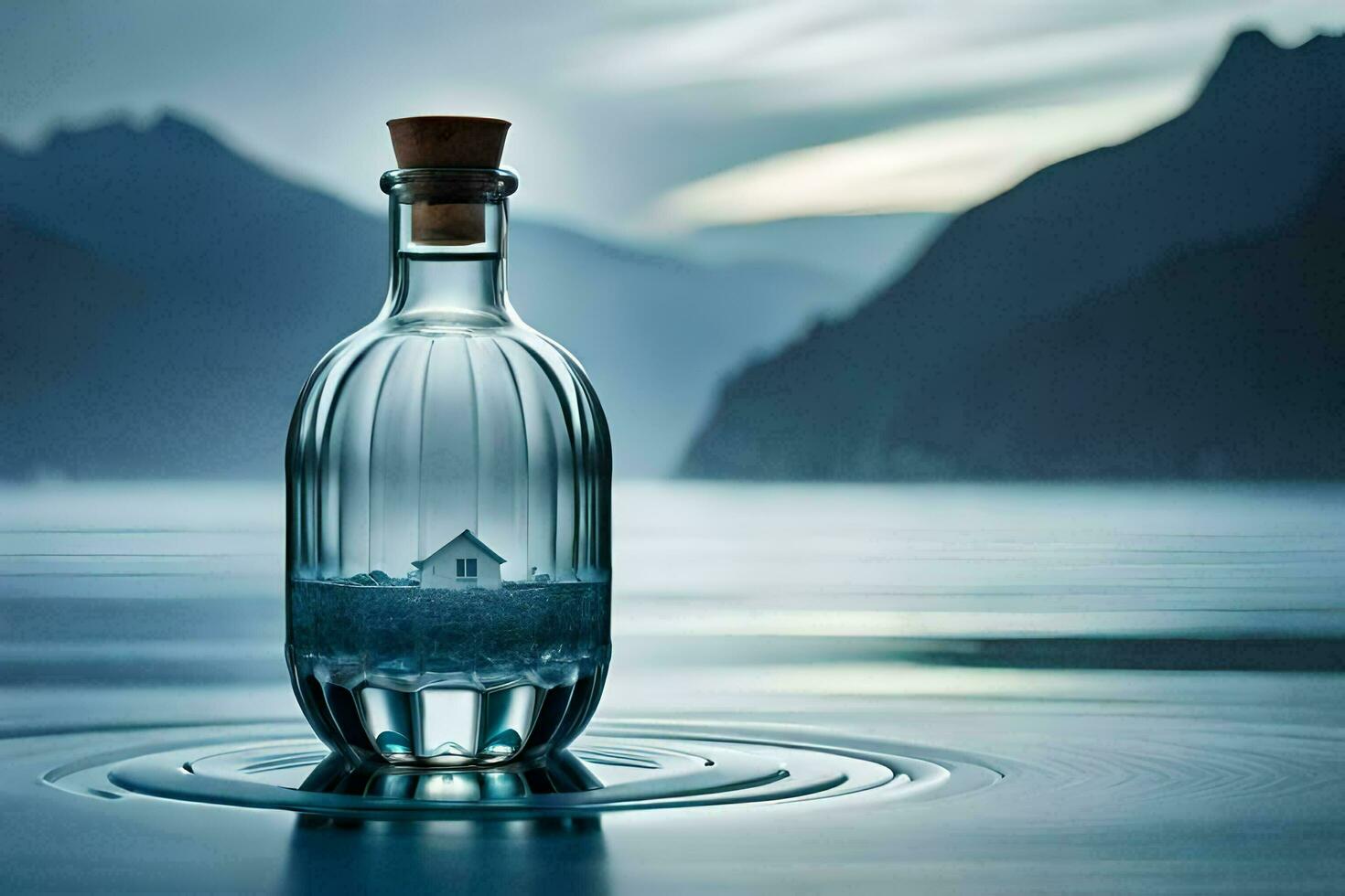 a bottle of water with a house in it sitting on the water. AI-Generated photo