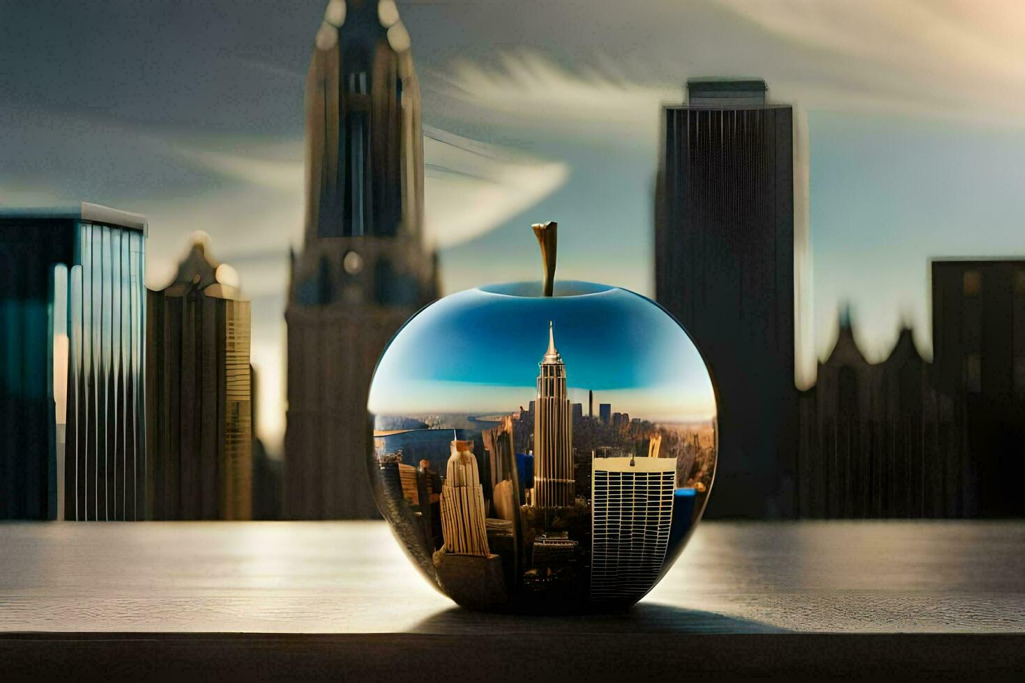 a glass apple with a cityscape in it. AI-Generated photo