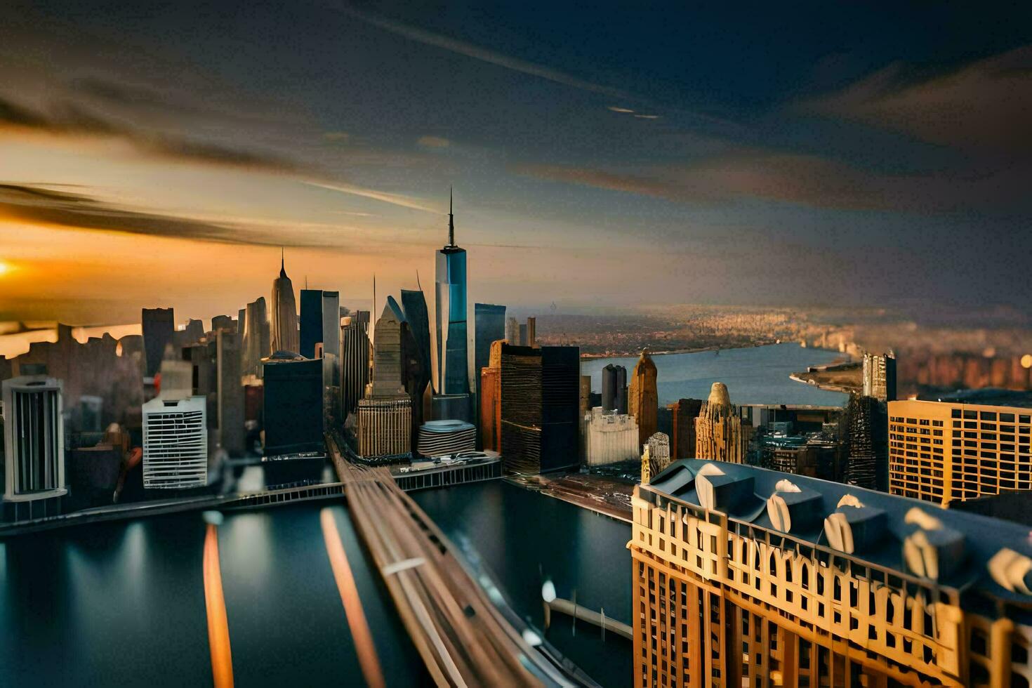 the sun sets over the city skyline in new york. AI-Generated photo