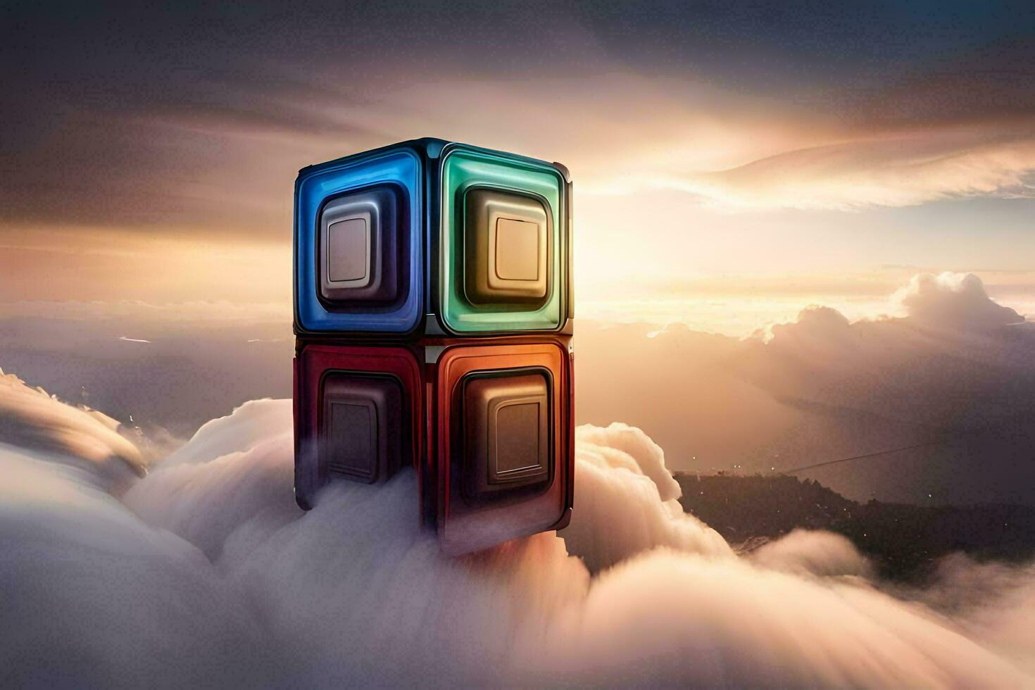 a cube in the sky with clouds and sun. AI-Generated photo