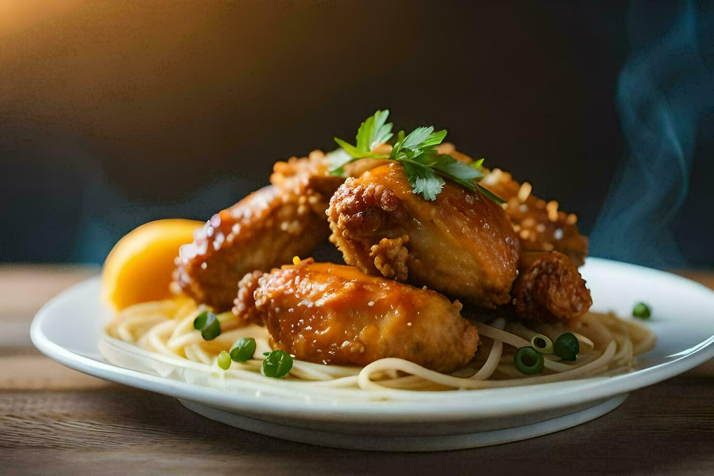 chicken wings with sauce and noodles on a plate. AI-Generated photo