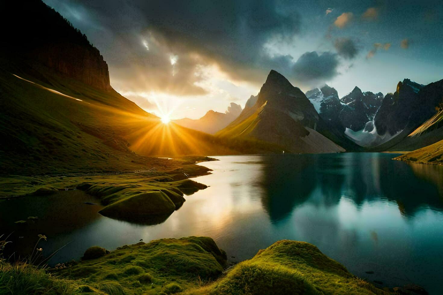 the sun shines over a mountain lake and grassy field. AI-Generated photo