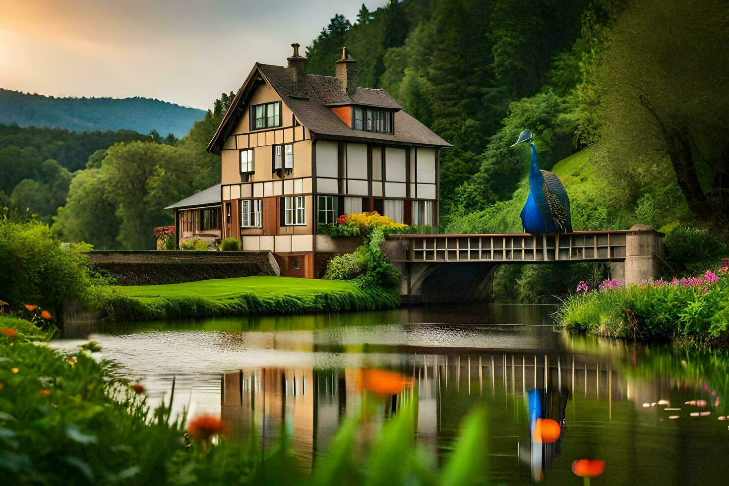 a house sits on a small bridge over a river. AI-Generated photo