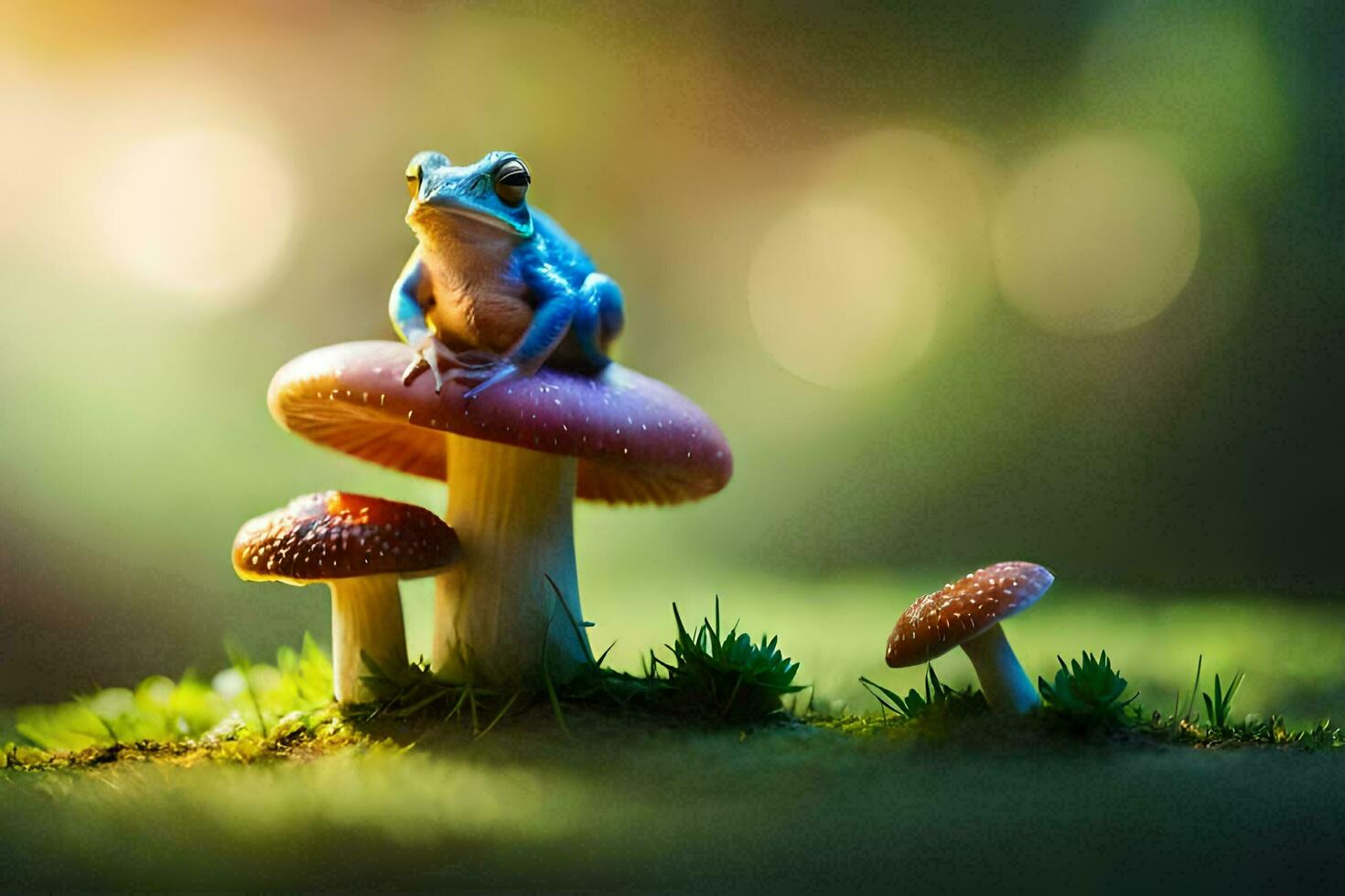 a frog sits on top of a mushroom in the forest. AI-Generated photo