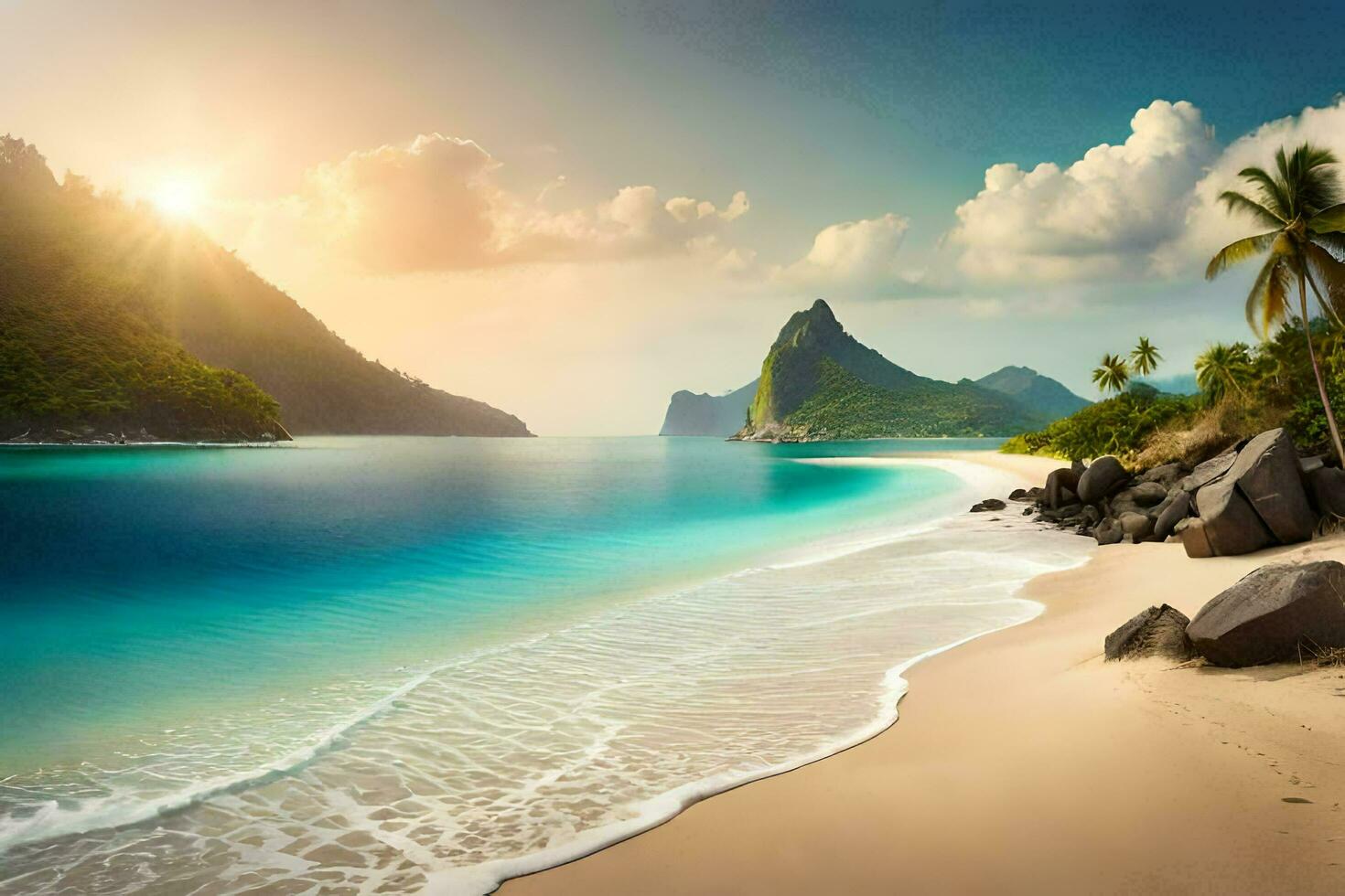 the sun shines on the beach and the ocean. AI-Generated photo
