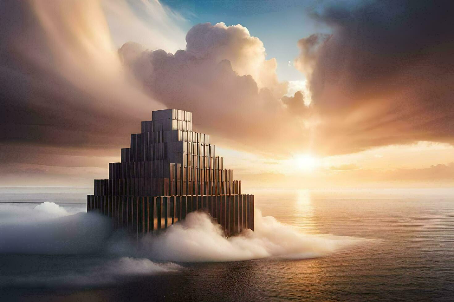 a tower in the middle of the ocean with clouds. AI-Generated photo