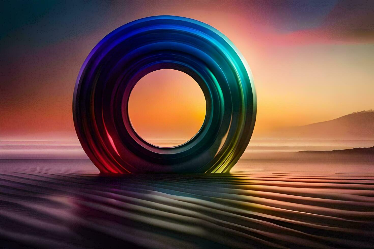 a colorful circular shape is sitting on the beach. AI-Generated photo