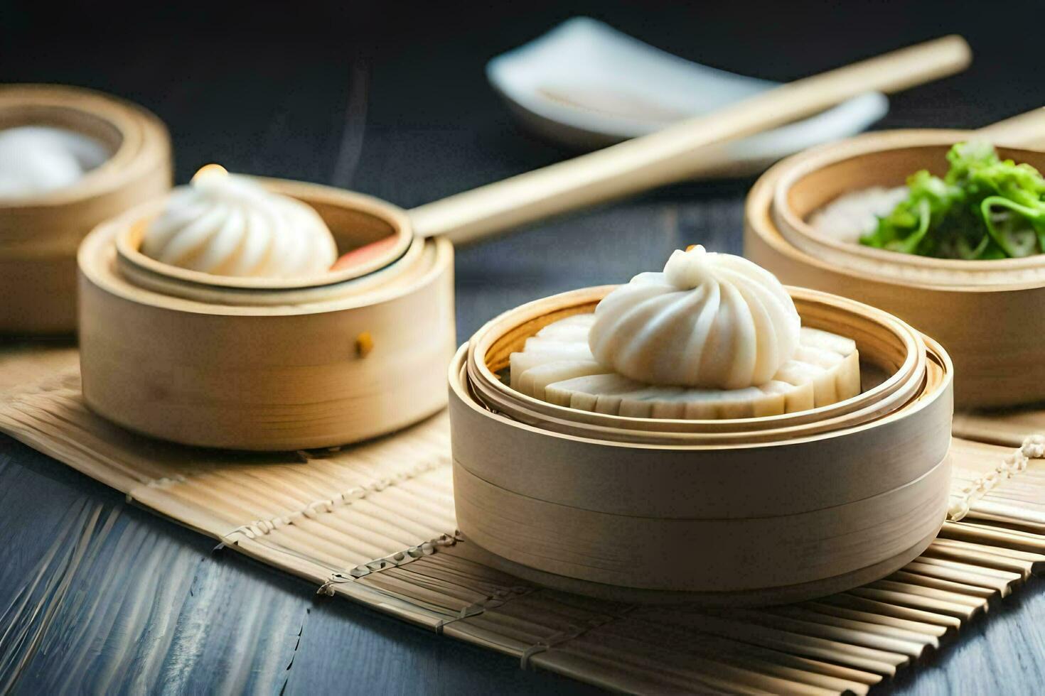 dumplings in bamboo containers on a wooden table. AI-Generated photo