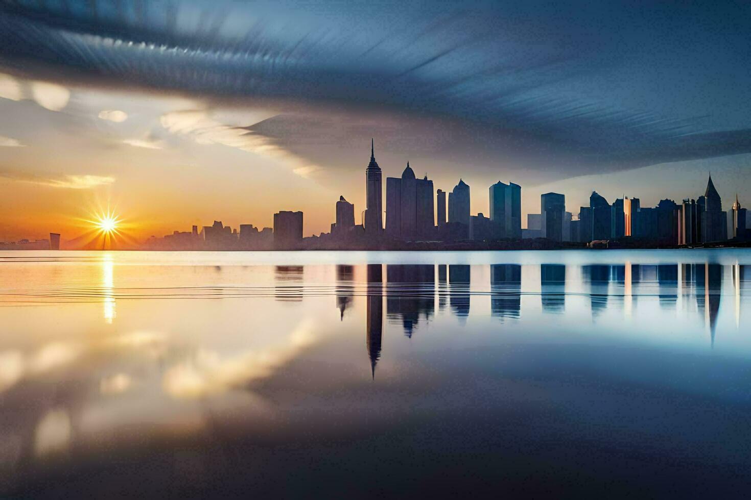 the sun rises over the city skyline in this photo. AI-Generated photo