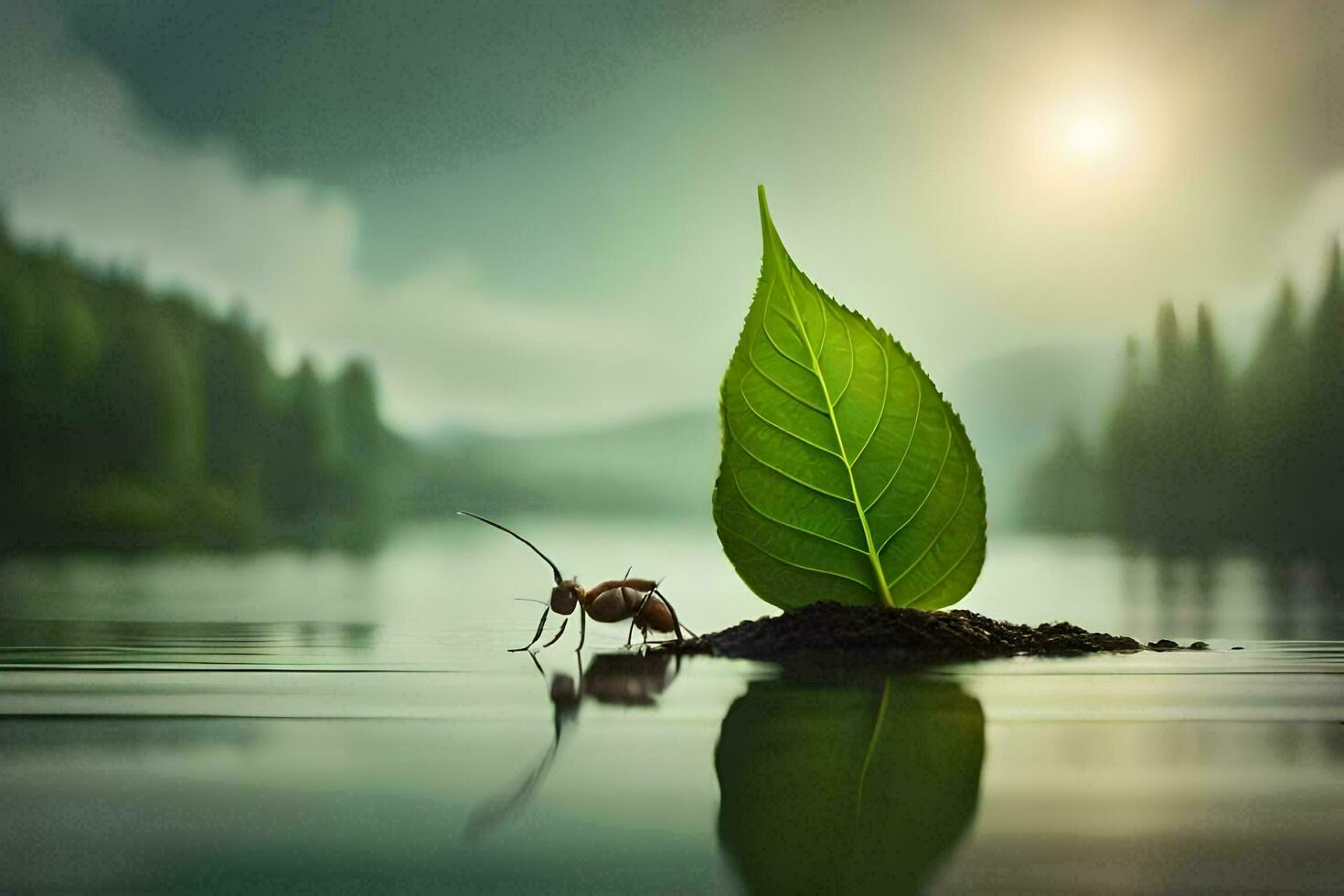 a leaf is sitting on the water with a bug on top. AI-Generated photo