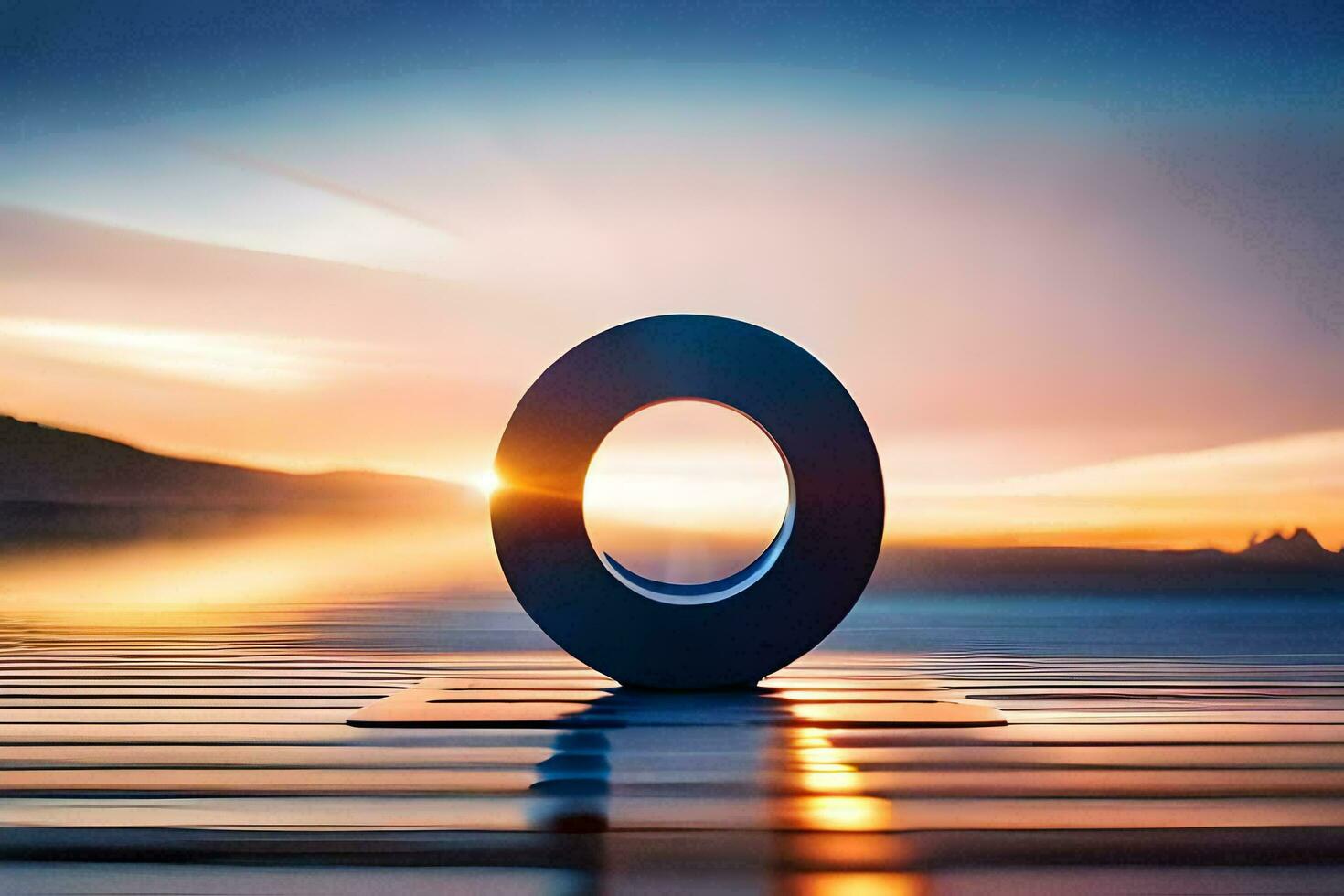 a circular object sitting on a dock at sunset. AI-Generated photo