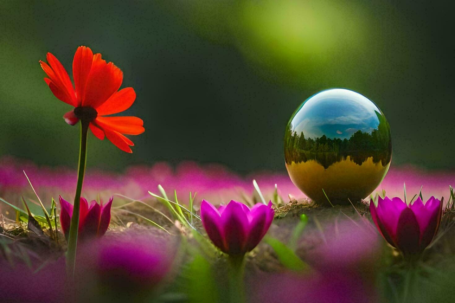 a shiny ball in the middle of a field of flowers. AI-Generated photo