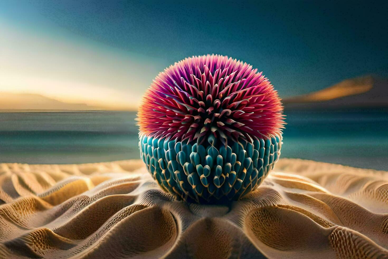 a colorful ball of sand on the beach. AI-Generated photo